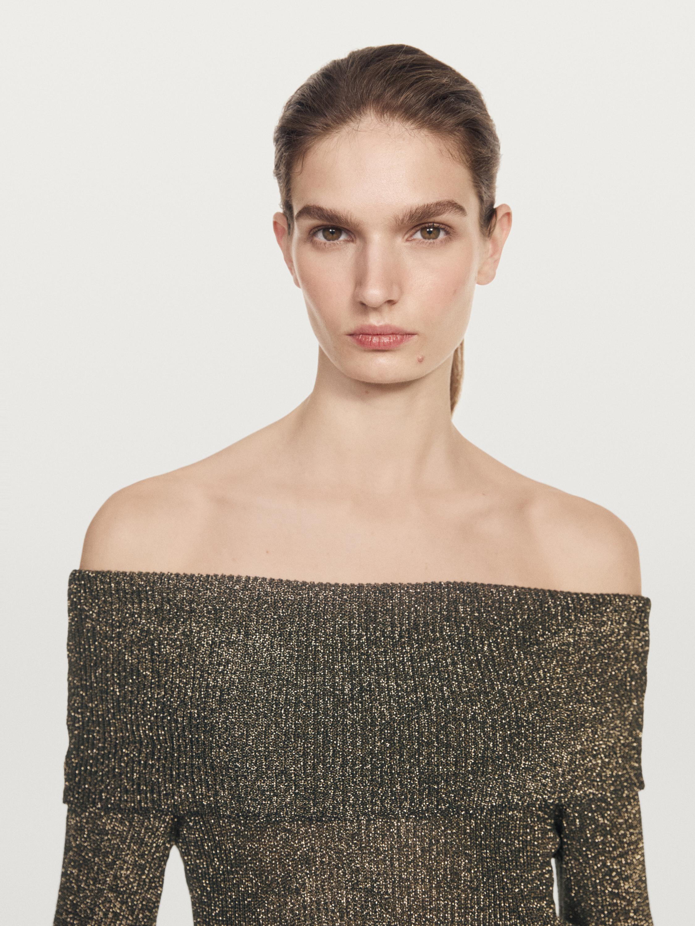 Off-the-shoulder knit sweater with metallic finish